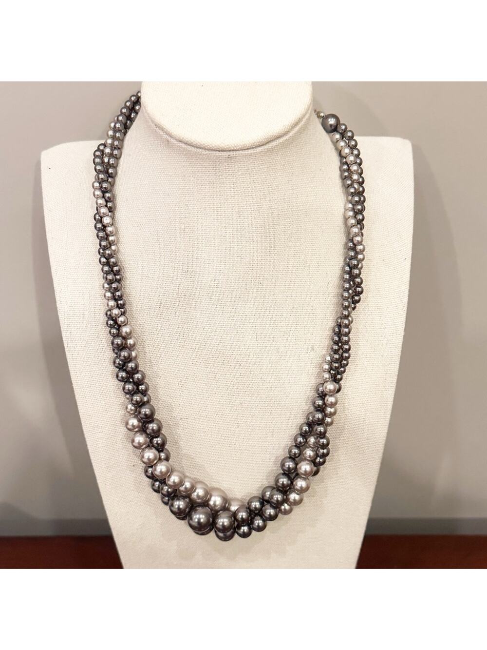 RMN Grey Triple Strand Pearl Necklace  Graduated Twist Signed 16-19" Long Preppy
